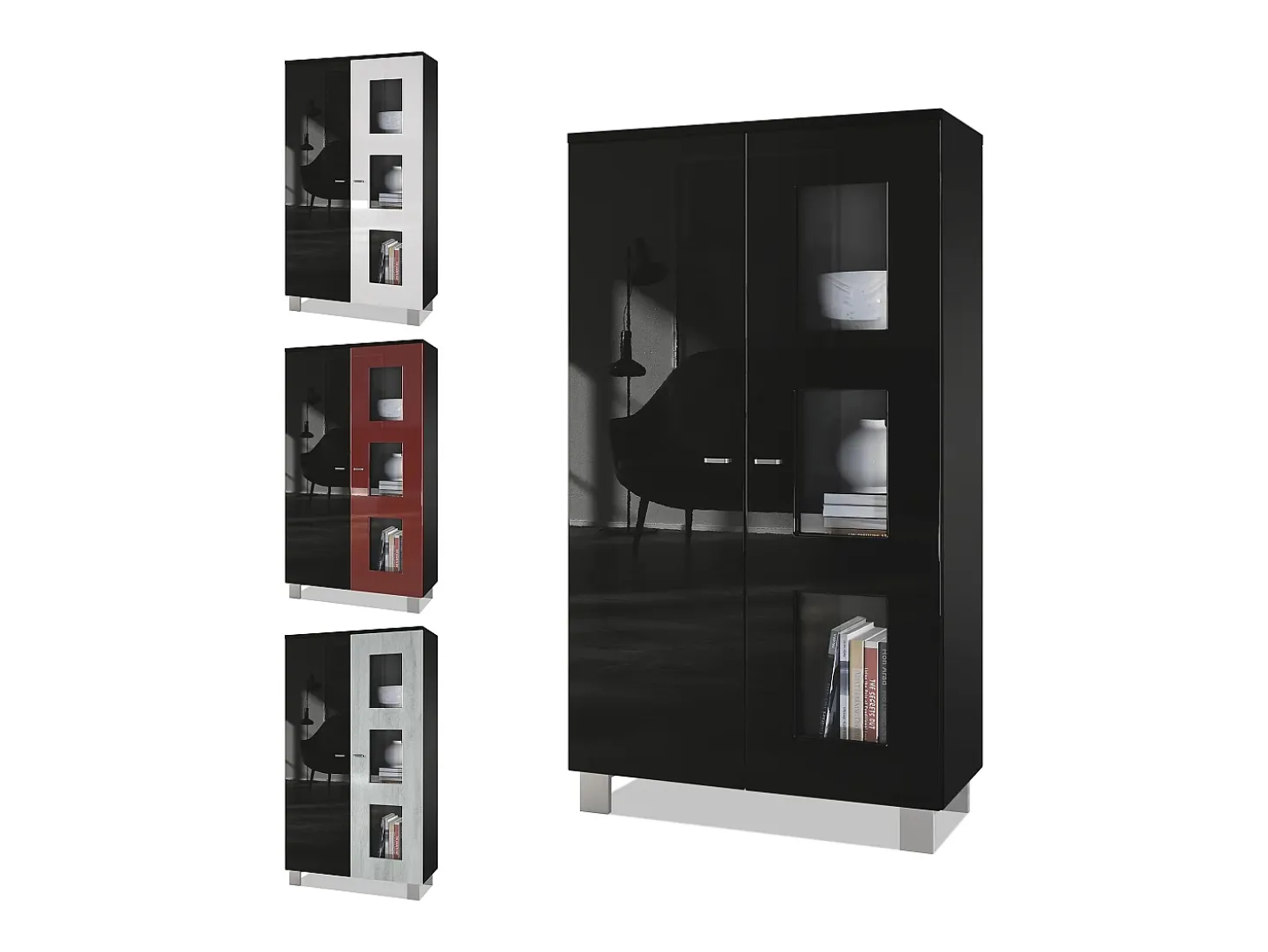 Vladon Vitrina Denjo, Cristalera con 2 Puertas y 3 Estantes de cristal, Negro mate/Negro de alto brillo/Gris de alto brillo (71 x 129 x 35 cm)