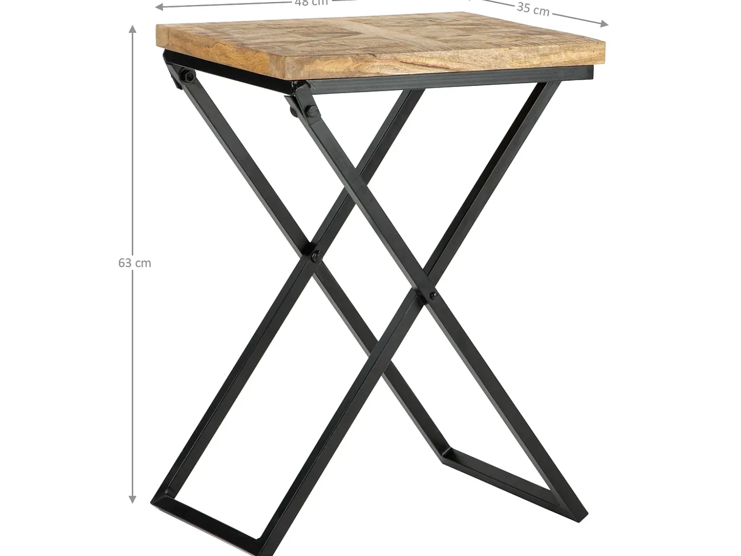 WOMO-DESIGN Mesa auxiliar lateral 48x35x63cm mesita cuadrada de madera de mango y patas de metal en X para salón rústico industrial, hecha a mano