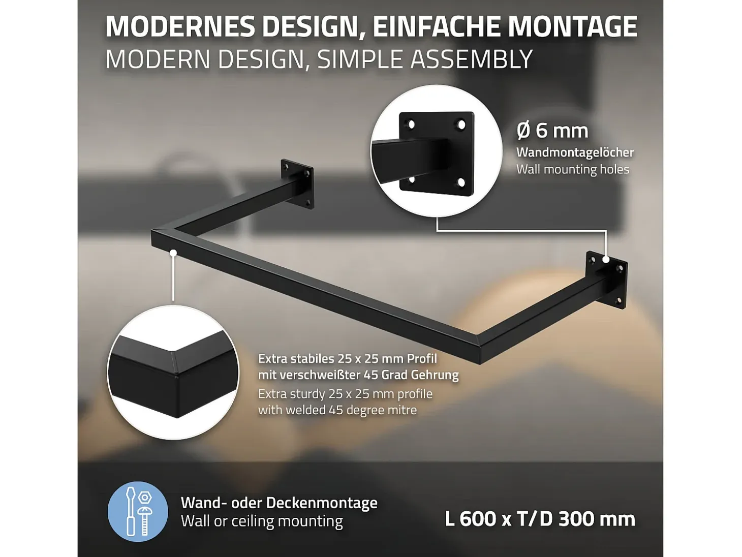 2x Perchero de pared negro para vestidor/armario barra para ropa/toallas 60x30cm