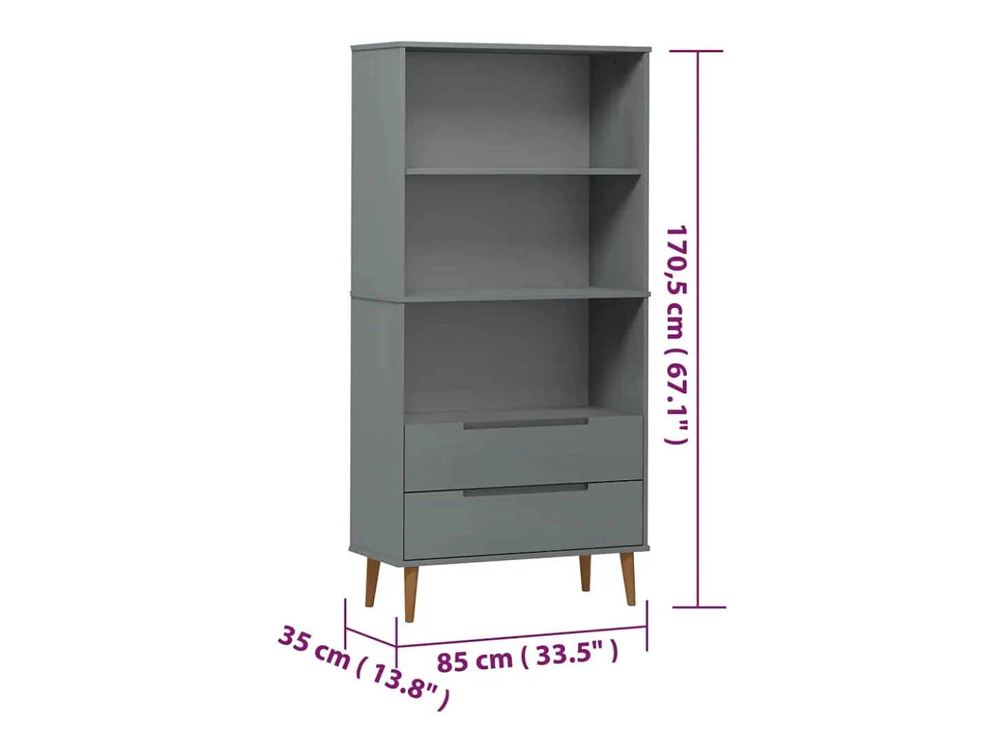Ximena Luz Librería MOLDE madera maciza de pino gris 85x35x170,5 cm