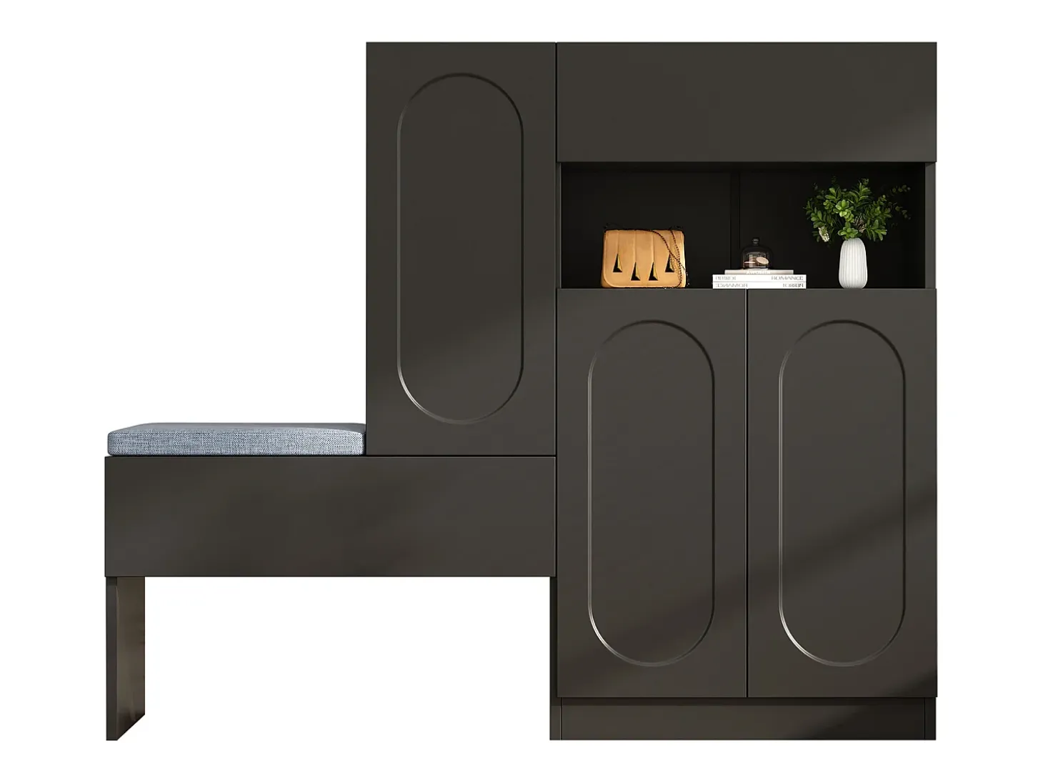 Zapatero 2 en 1 con puertas arqueadas, cierre suave, estantes ajustables y banco acolchado, negro (130 x 35 x 110 cm)