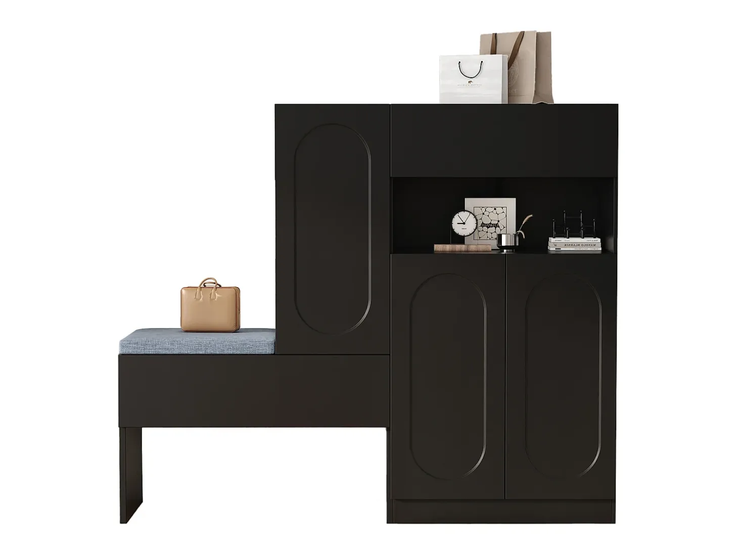 Zapatero 2 en 1 con puertas arqueadas, cierre suave, estantes ajustables y banco acolchado, negro (130 x 35 x 110 cm)