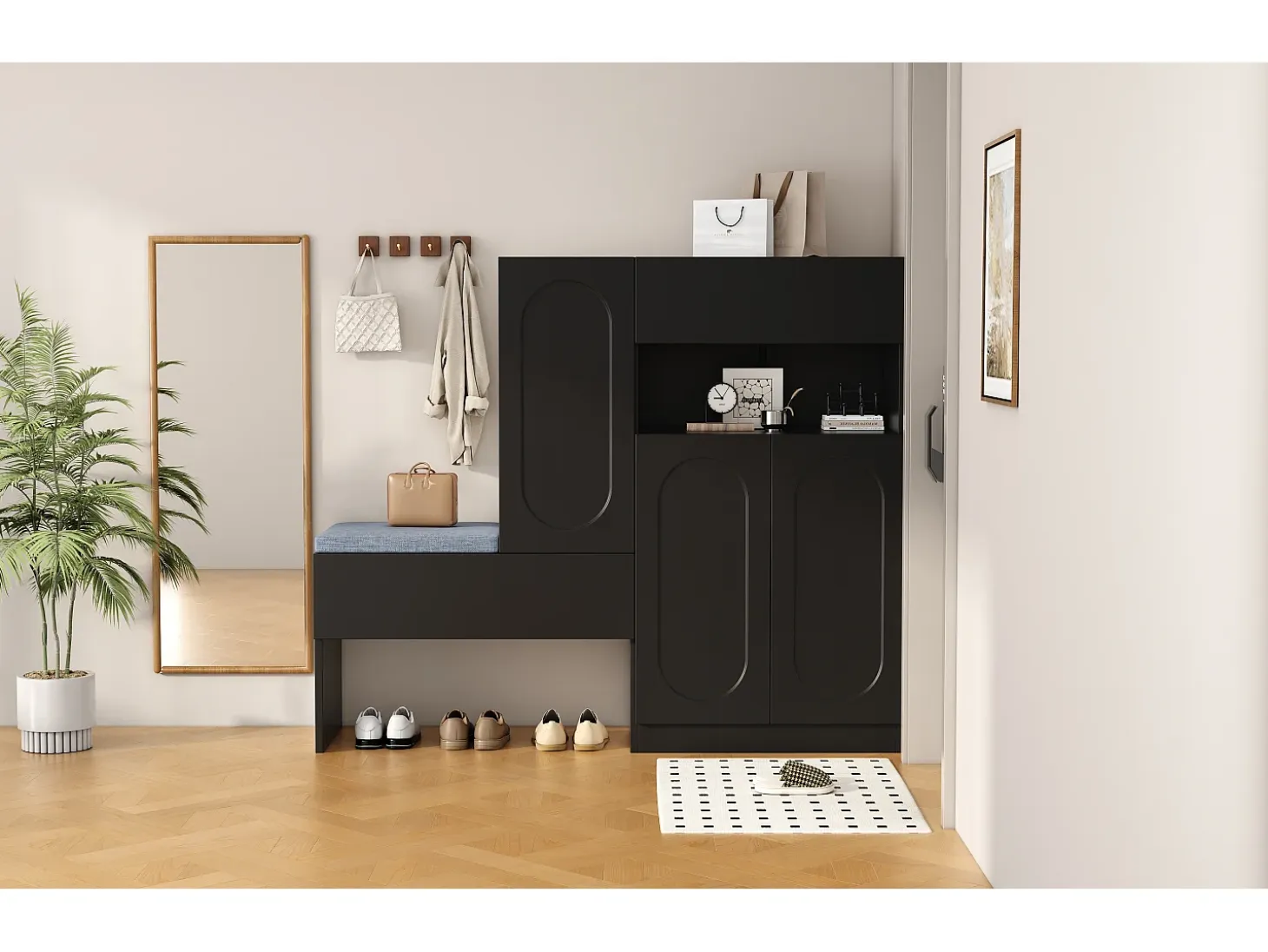 Zapatero 2 en 1 con puertas arqueadas, cierre suave, estantes ajustables y banco acolchado, negro (130 x 35 x 110 cm)