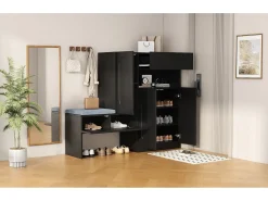 Zapatero 2 en 1 con puertas arqueadas, cierre suave, estantes ajustables y banco acolchado, negro (130 x 35 x 110 cm)