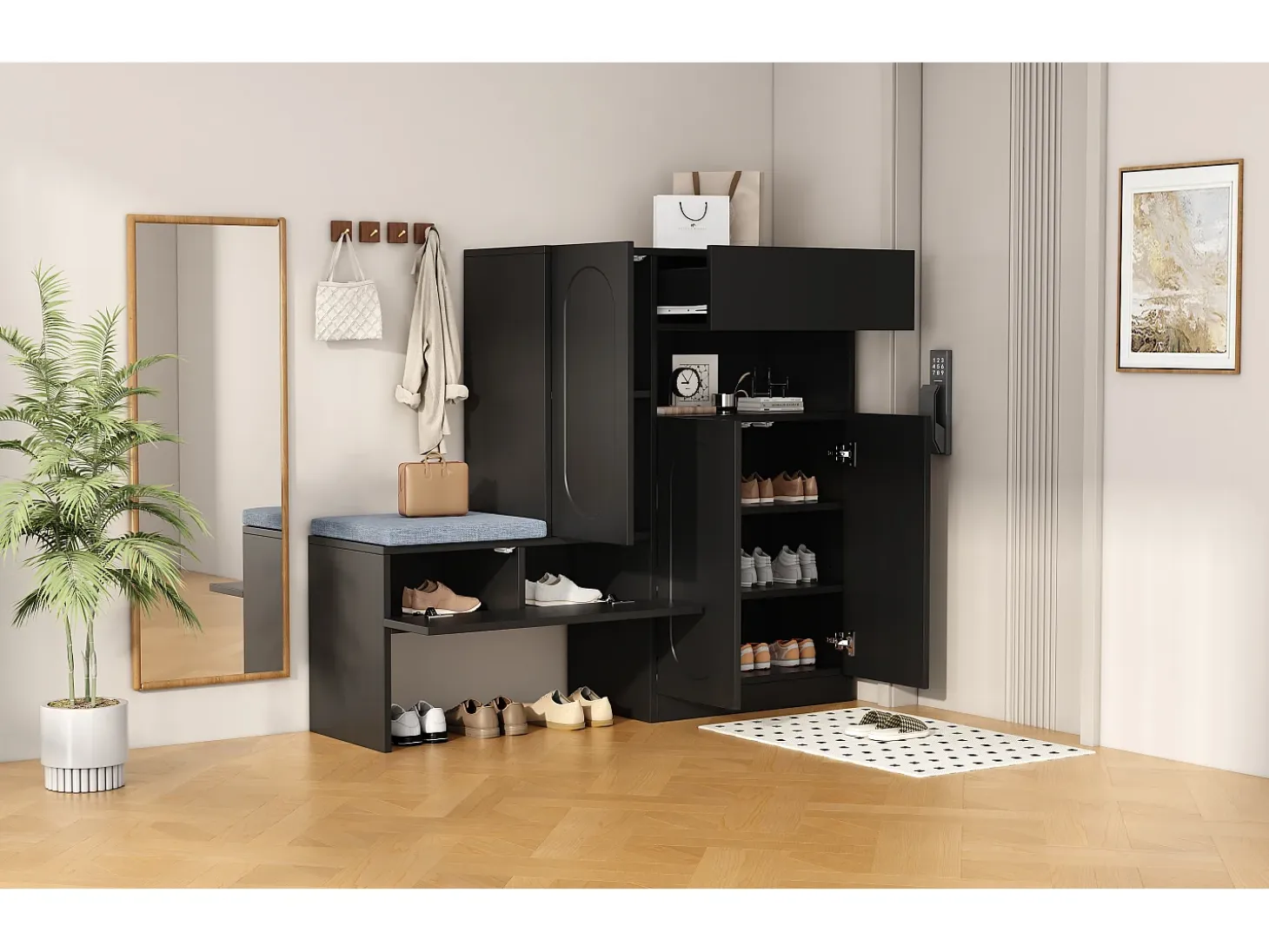 Zapatero 2 en 1 con puertas arqueadas, cierre suave, estantes ajustables y banco acolchado, negro (130 x 35 x 110 cm)