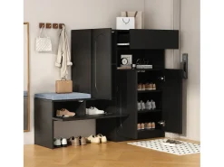 Zapatero 2 en 1 con puertas arqueadas, cierre suave, estantes ajustables y banco acolchado, negro (130 x 35 x 110 cm)