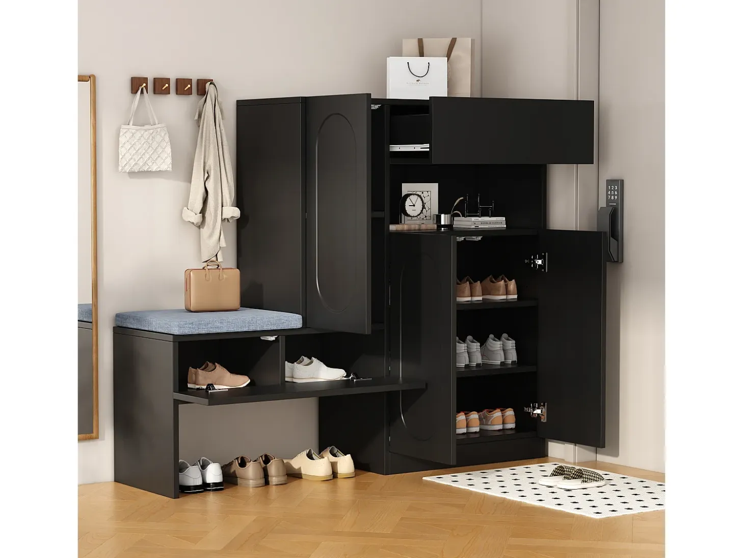 Zapatero 2 en 1 con puertas arqueadas, cierre suave, estantes ajustables y banco acolchado, negro (130 x 35 x 110 cm)