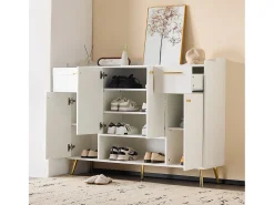 Zapatero blanco con 2 cajones y 4 puertas, tiradores y patas dorados