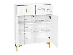Zapatero blanco con cajones, puertas texturizadas, estantes ajustables, tiradores y patas dorados, diseño elegante