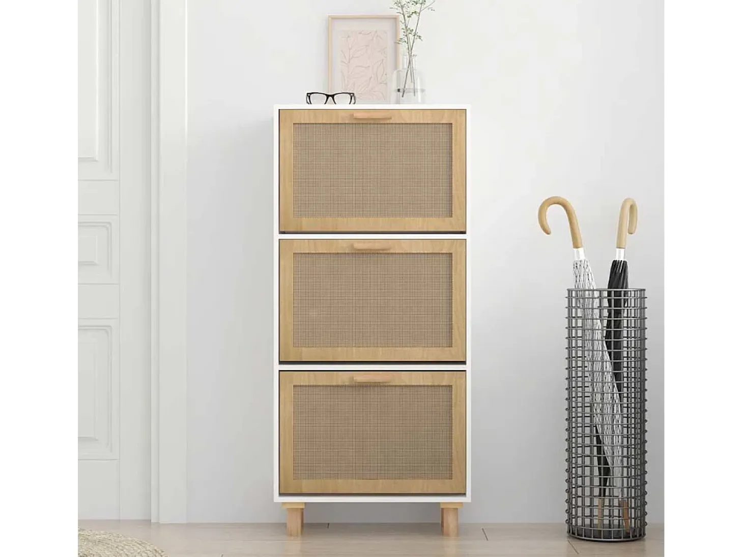 Zapatero blanco 52x25x115 cm Madera de ingeniería/ratán