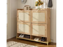 Zapatero compacto de 4 puertas de madera y ratán - con estante - Estructura de metal - para entrada, pasillo o espacios pequeños