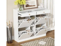 Zapatero con 2 cajones, 3 compartimentos abiertos y 4 puertas batientes - 110 x 26 x 100 cm - Tablero de partículas - Blanco