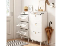 Zapatero con 3 cajones abatibles, zapatero de madera, MDF, blanco (63x29,5x133,7 cm)