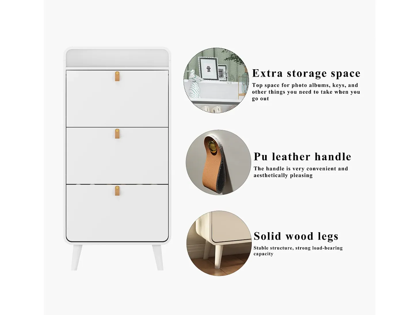 Zapatero con 3 cajones abatibles, zapatero de madera, MDF, blanco (63x29,5x133,7 cm)