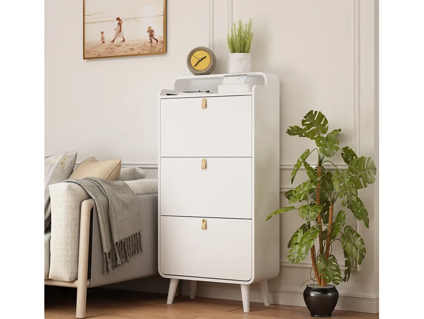 Zapatero con 3 cajones abatibles, zapatero de madera, MDF, blanco (63x29,5x133,7 cm)
