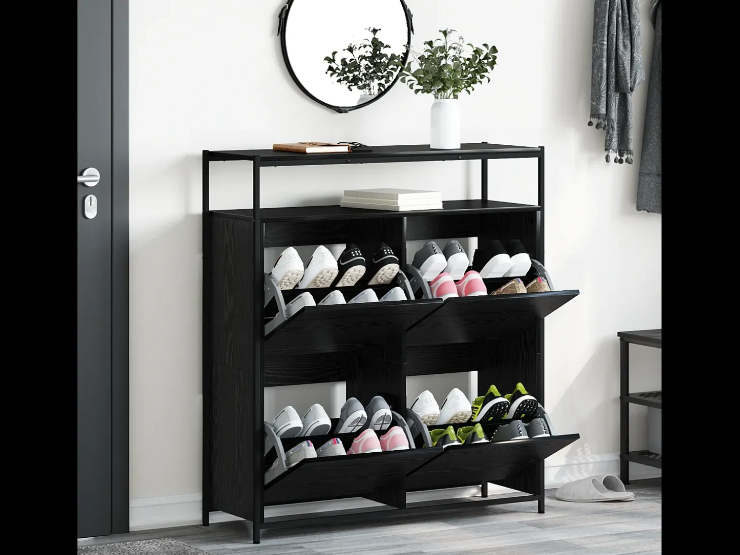 Zapatero con 4 cajones basculantes roble negro 100x34x112 cm