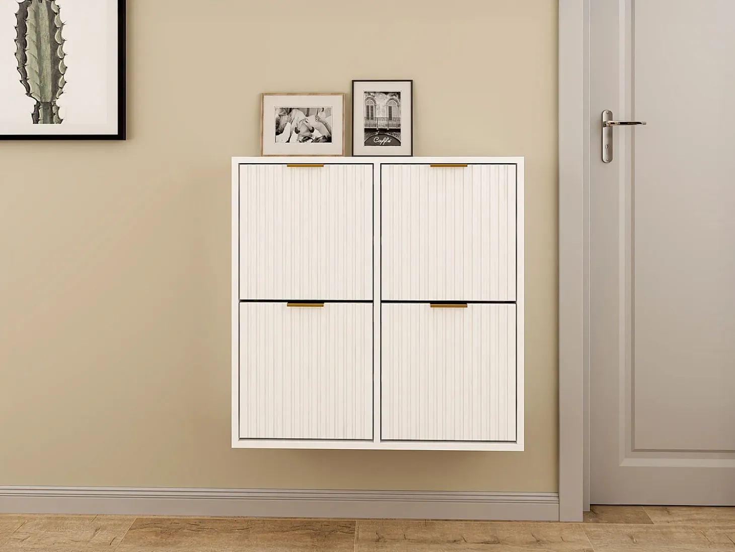 Zapatero con 4 compartimentos abatibles - Blanco y dorado - FRALYN
