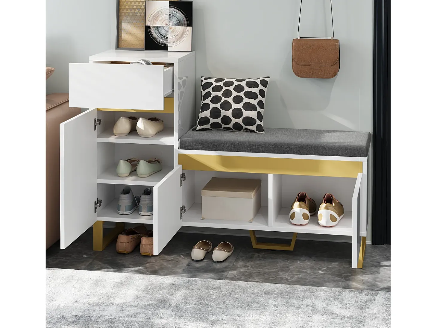 Zapatero con 3 puertas, 1 cajón y cojín - Blanco y dorado