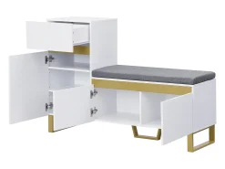Zapatero con 3 puertas, 1 cajón y cojín - Blanco y dorado