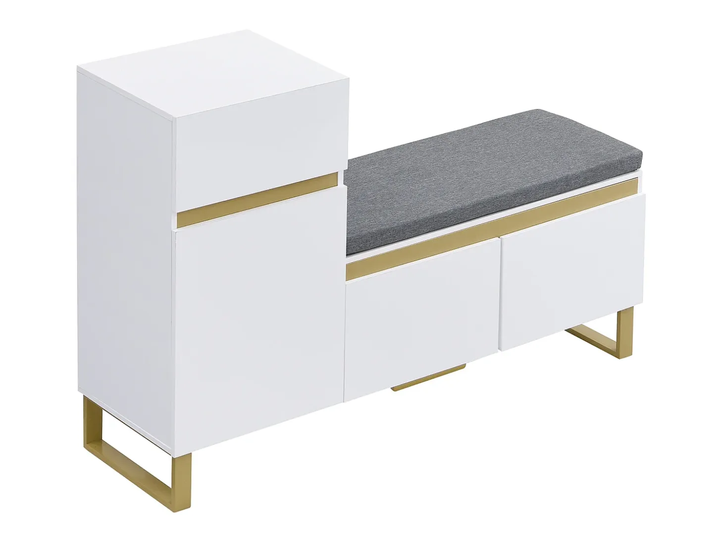 Zapatero con 3 puertas, 1 cajón y cojín - Blanco y dorado