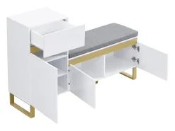 Zapatero con 3 puertas, 1 cajón y cojín - Blanco y dorado