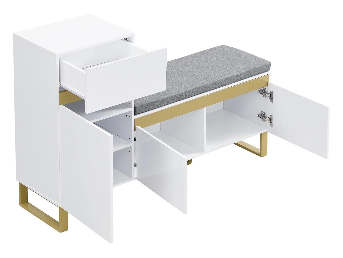 Zapatero con 3 puertas, 1 cajón y cojín - Blanco y dorado