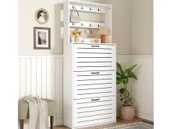 Zapatero con 3 puertas, estantes, ganchos para bolsos y sombreros, fabricado en aglomerado, color blanco (70x25x163 cm)