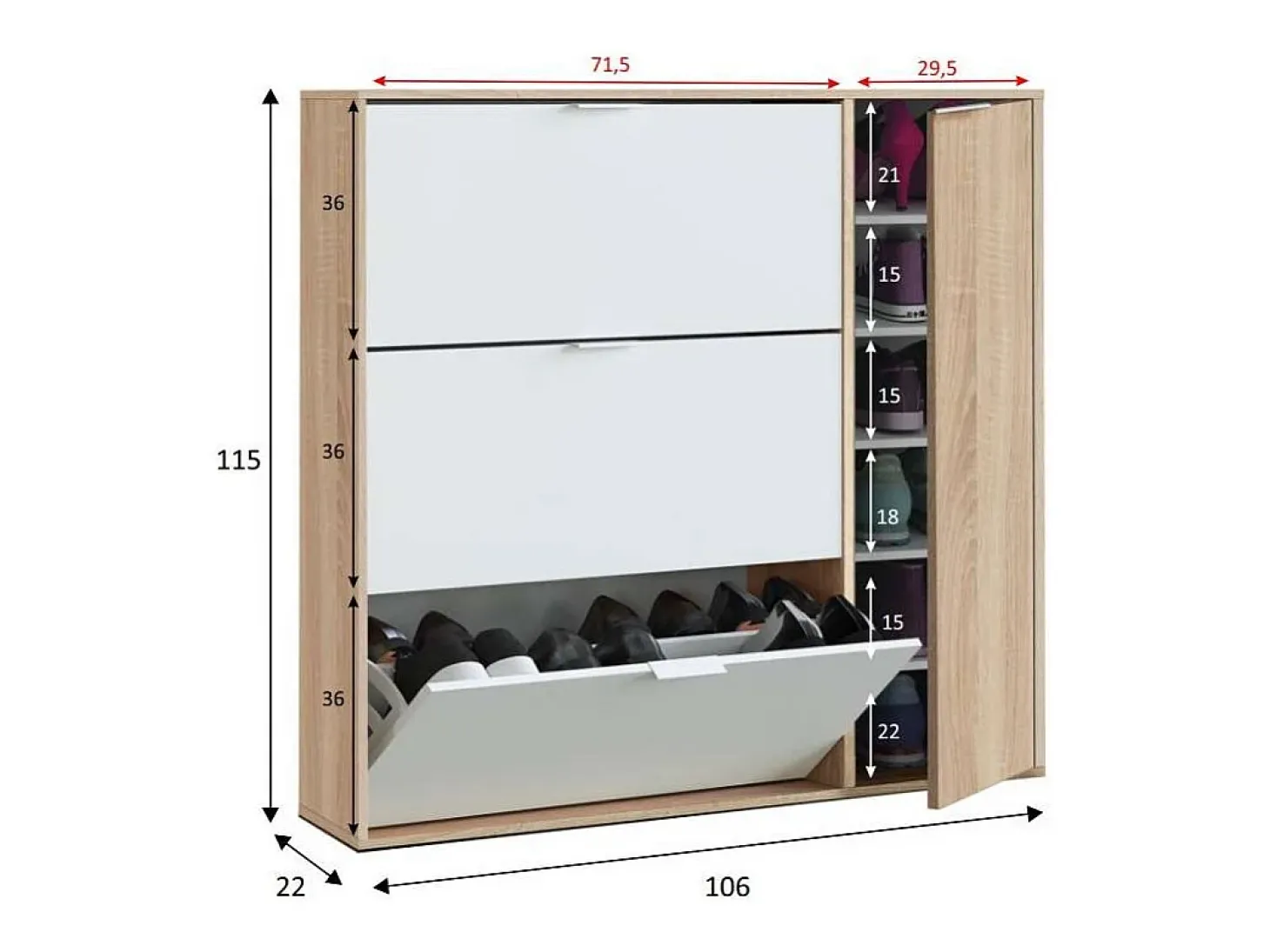 Zapatero con 4 puertas Maty Roble Canadian y Blanco 115 cm (alto) x 106 cm (ancho) x 22 cm