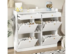 Zapatero con 4 puertas plegables, 2 cajones, estantes de almacenamiento, blanco (110x26x100 cm)