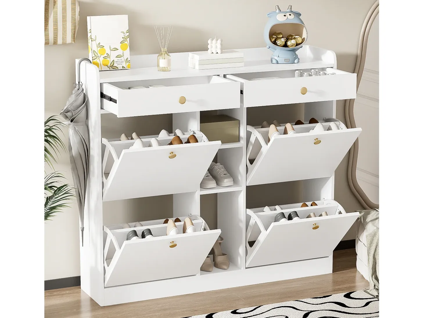 Zapatero con 4 puertas plegables, 2 cajones, estantes de almacenamiento, blanco (110x26x100 cm)