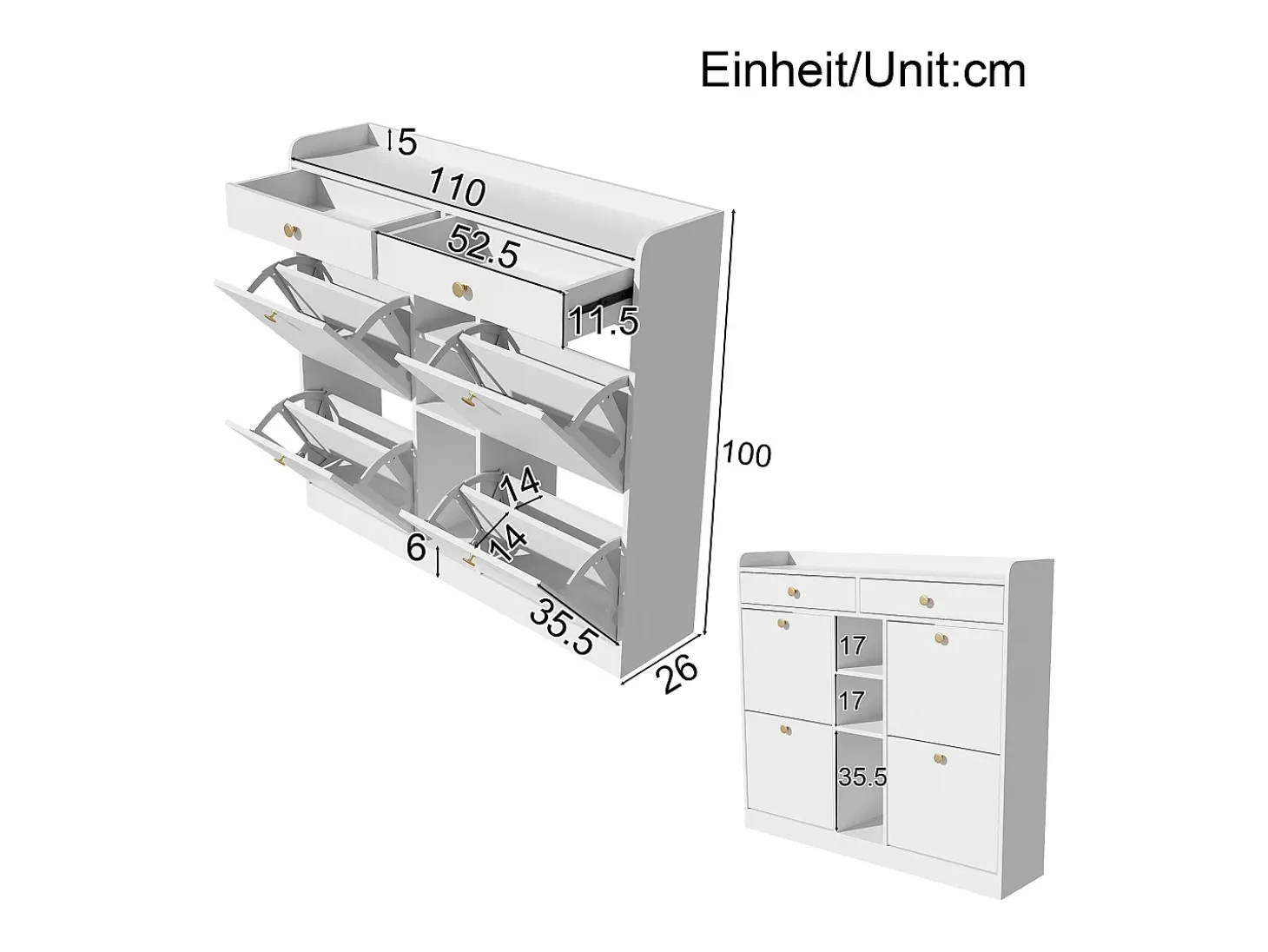Zapatero con 4 puertas plegables, 2 cajones, estantes de almacenamiento, blanco (110x26x100 cm)