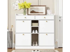 Zapatero con 4 puertas plegables, 2 cajones, estantes de almacenamiento, blanco (110x26x100 cm)