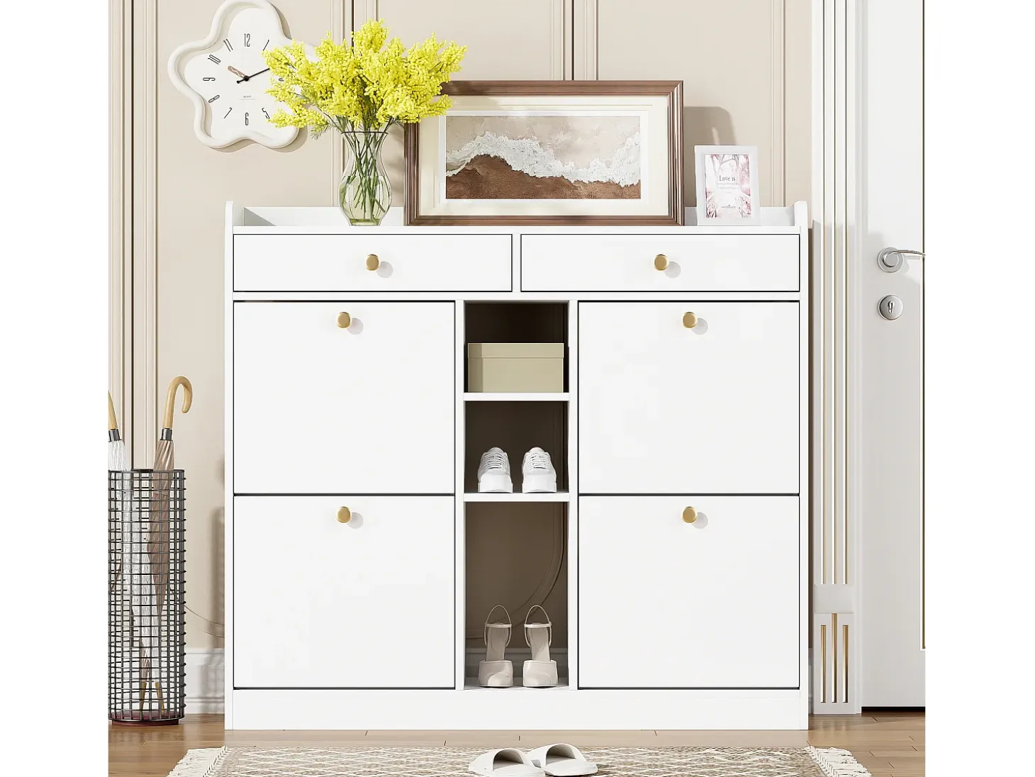 Zapatero con 4 puertas plegables, 2 cajones, estantes de almacenamiento, blanco (110x26x100 cm)