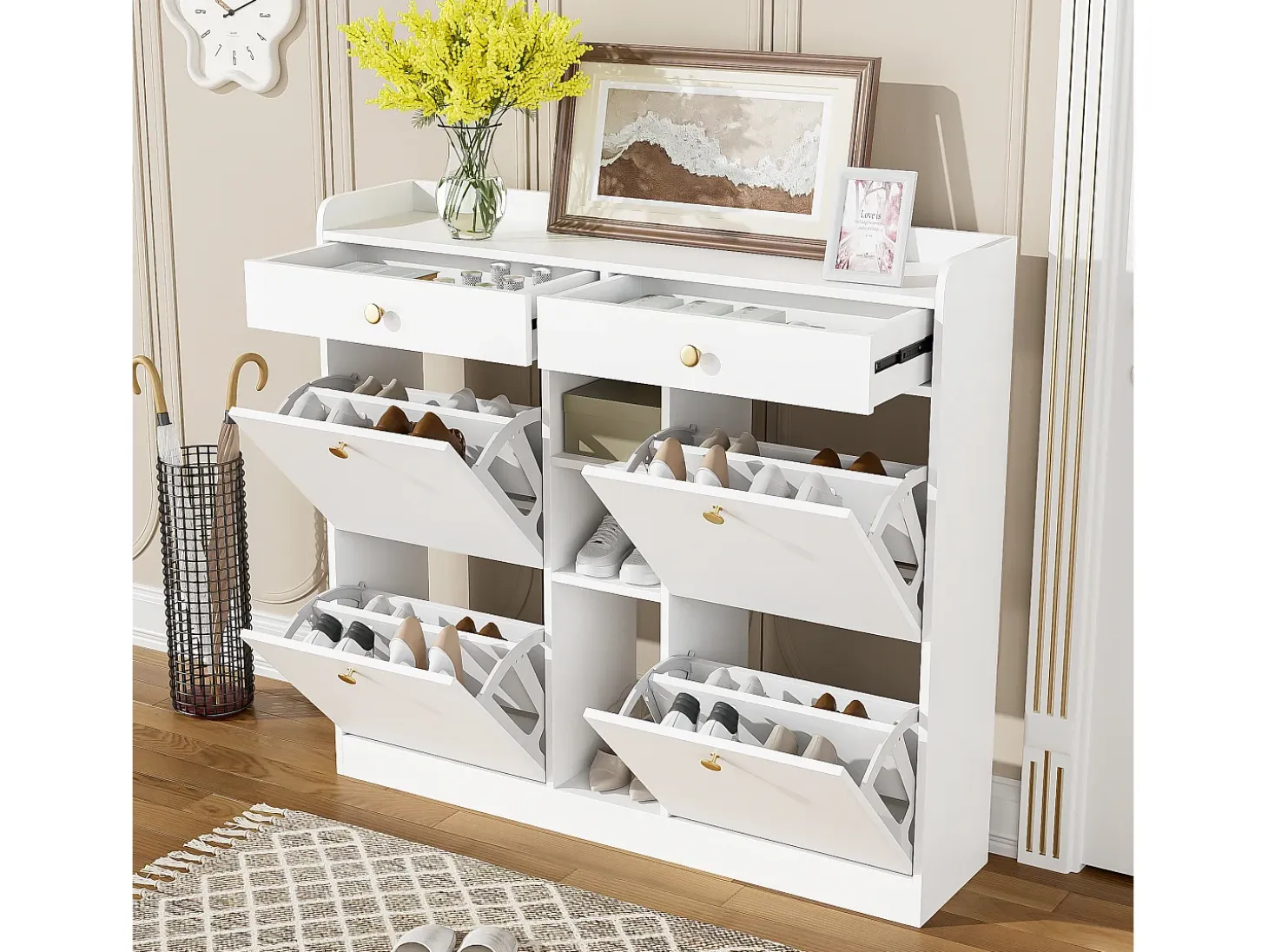 Zapatero con 4 puertas plegables, 2 cajones, estantes de almacenamiento, blanco (110x26x100 cm)