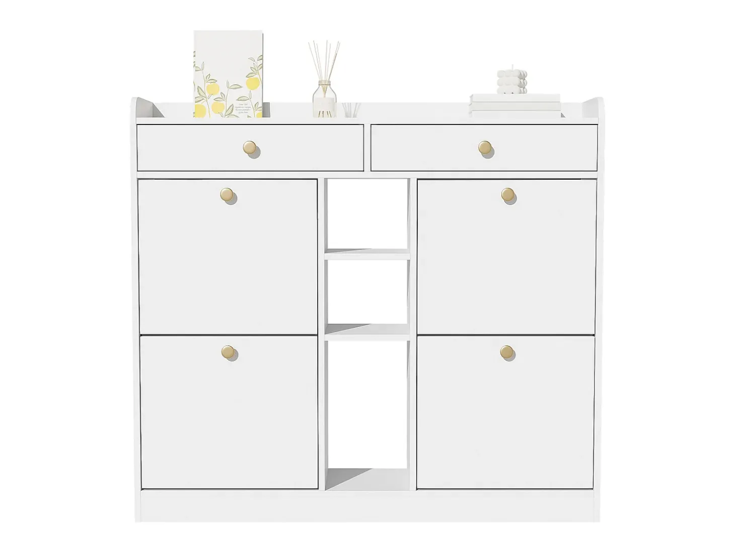 Zapatero con 4 puertas plegables, 2 cajones, estantes de almacenamiento, blanco (110x26x100 cm)