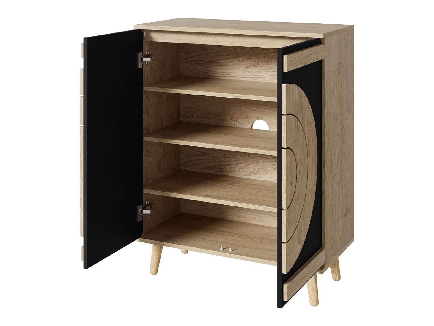 Zapatero con 2 puertas redondas y geométricas - Negro y natural claro