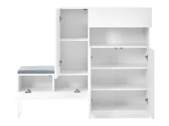 Zapatero con asiento acolchado - 3 puertas, 1 cajón - almacenamiento abierto - blanco