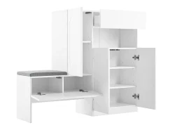 Zapatero con asiento acolchado - 3 puertas, 1 cajón - almacenamiento abierto - blanco