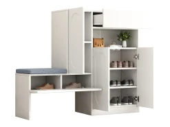 Zapatero con asiento acolchado - 3 puertas, 1 cajón - almacenamiento abierto - blanco