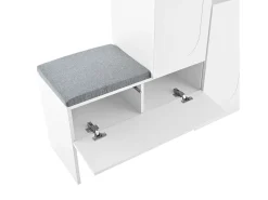 Zapatero con asiento acolchado - 3 puertas, 1 cajón - almacenamiento abierto - blanco
