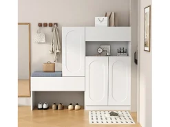Zapatero con asiento acolchado - 3 puertas, 1 cajón - almacenamiento abierto - blanco