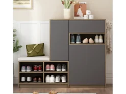 Zapatero con banco, 3 puertas y 1 cajón - 140 x 35 x 110 cm - Tablero de partículas - Gris