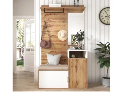 Zapatero con banco, perchero y espejo - 105 x 40 x 190,5 cm - MDF y tableros de partículas - Blanco y madera