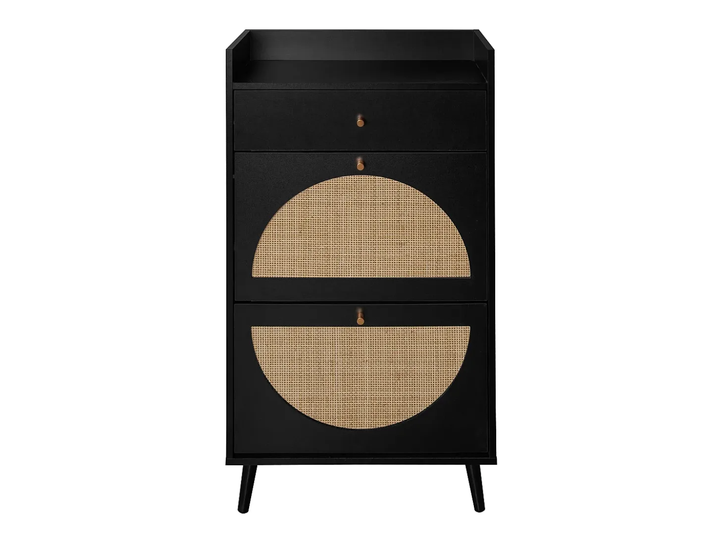 Zapatero con dos puertas y un cajón, aspecto ratán, diseño negro, MDF (60x24x110 cm)