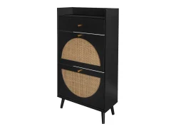 Zapatero con dos puertas y un cajón, aspecto ratán, diseño negro, MDF (60x24x110 cm)