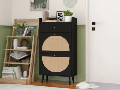 Zapatero con dos puertas y un cajón, aspecto ratán, diseño negro, MDF (60x24x110 cm)