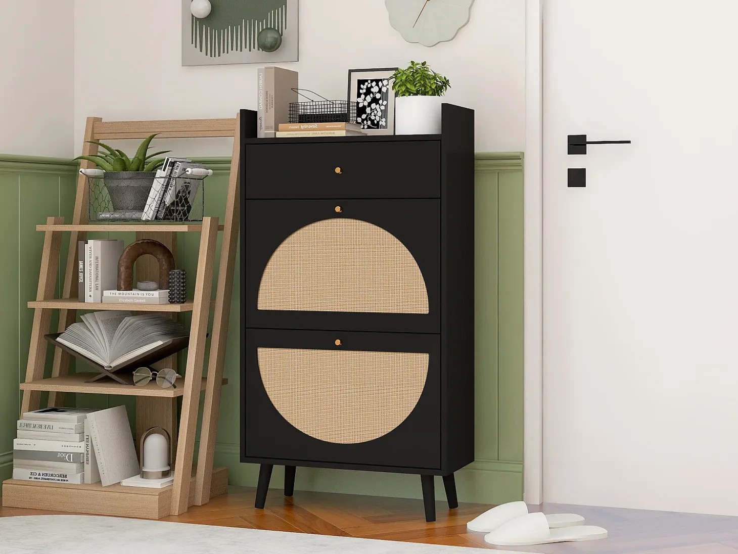 Zapatero con dos puertas y un cajón, aspecto ratán, diseño negro, MDF (60x24x110 cm)