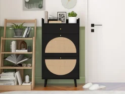 Zapatero con dos puertas y un cajón, aspecto ratán, diseño negro, MDF (60x24x110 cm)