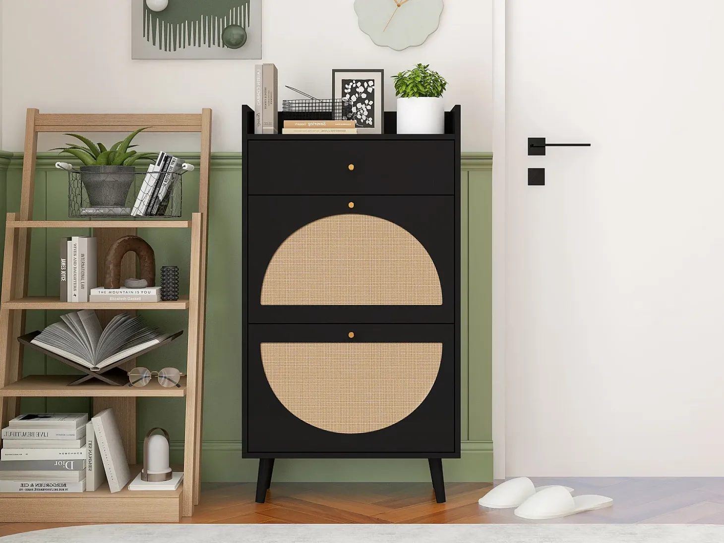 Zapatero con dos puertas y un cajón, aspecto ratán, diseño negro, MDF (60x24x110 cm)