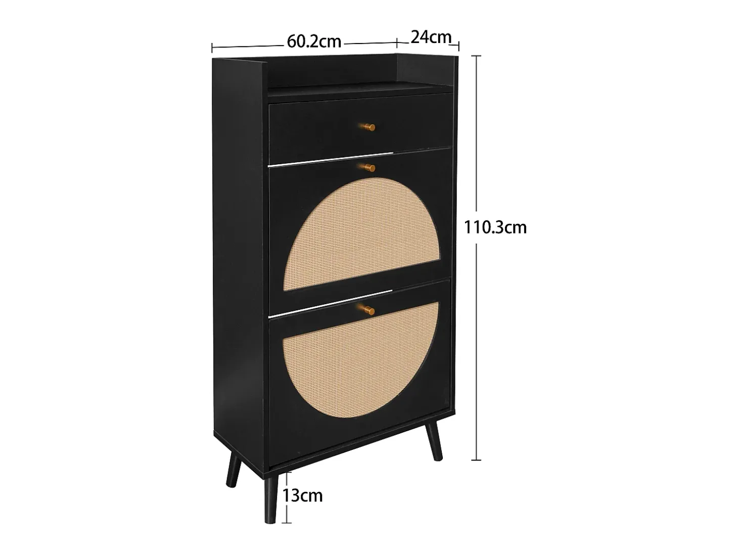 Zapatero con dos puertas y un cajón, aspecto ratán, diseño negro, MDF (60x24x110 cm)